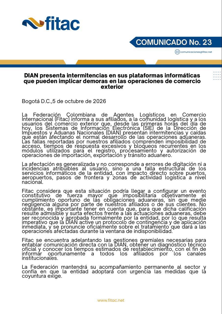 Comunicado No. 23 de Fitac: DIAN presenta intermitencias en sus plataformas informáticas que pueden implicar demoras en las operaciones de comercio exterior